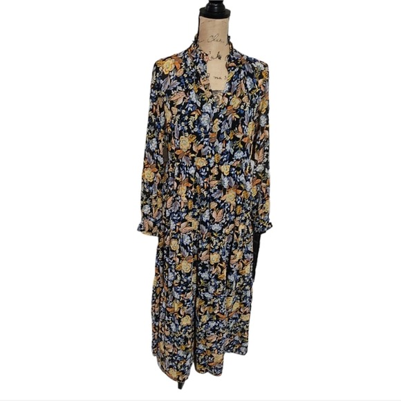 Lucky‎ Brand Floral Print Maxi Dress Long Sleeve Ruffle Neckline Bohemian Style - Picture 1 of 10